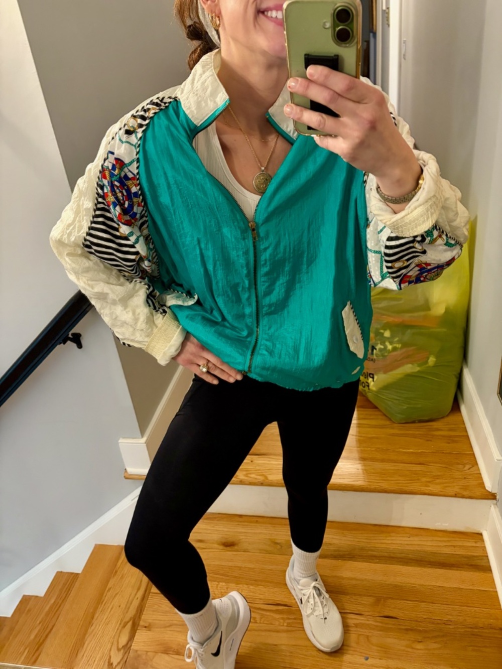 Vintage 90s Nautical Windbreaker Jacket Teal Sailing Compass Print Oversized L